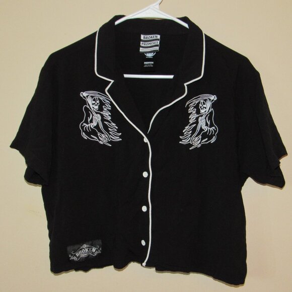 Broken Promises Grim Reaper Embroidered Button Front Shirt sz M Goth Scary - Picture 1 of 5